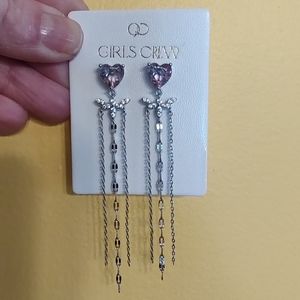 Girls Crew Heart and Dragonfly dangle earrings- Rhodium Plated silver.